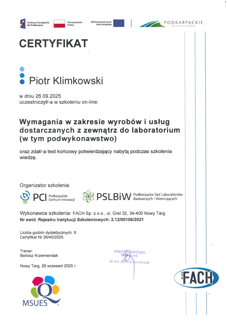 Certyfikat - Wymagania w zakresie wyrobów i usług dostarczanych z zewnątrz do laboratorium (w tym podwykonawstwo)